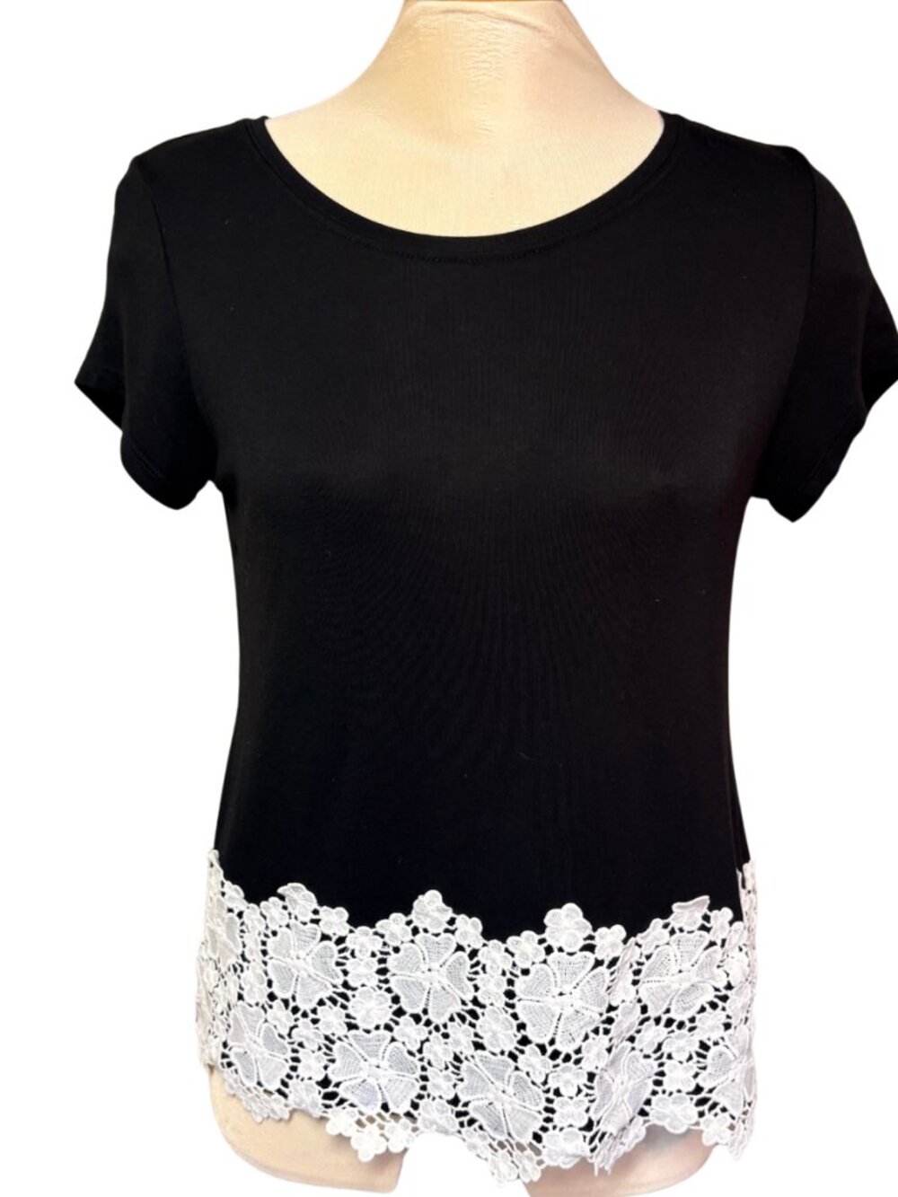 INC International Concepts Black Short-Sleeve Tee with White Lace Trim
